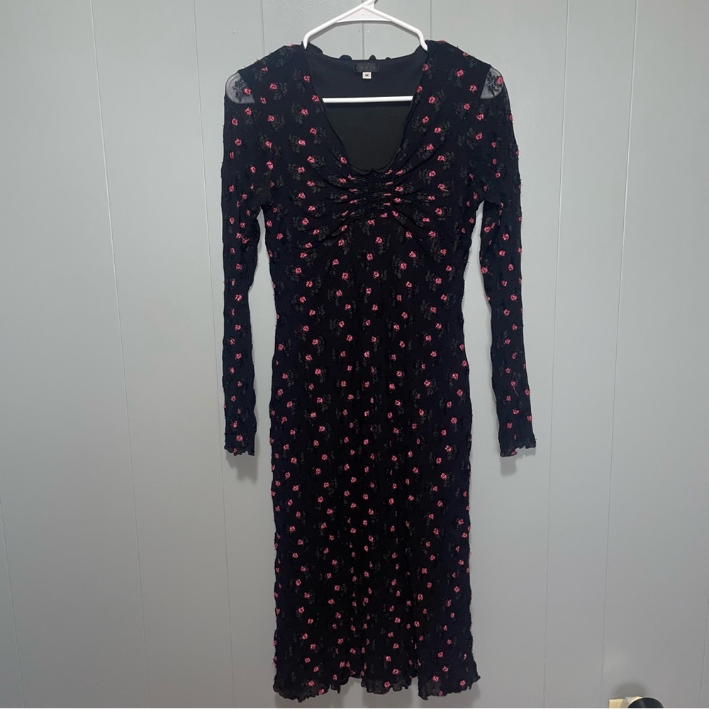 Lapis Vintage Black Lace with Pink Flowers Long Sleeve Midi Dress Medium